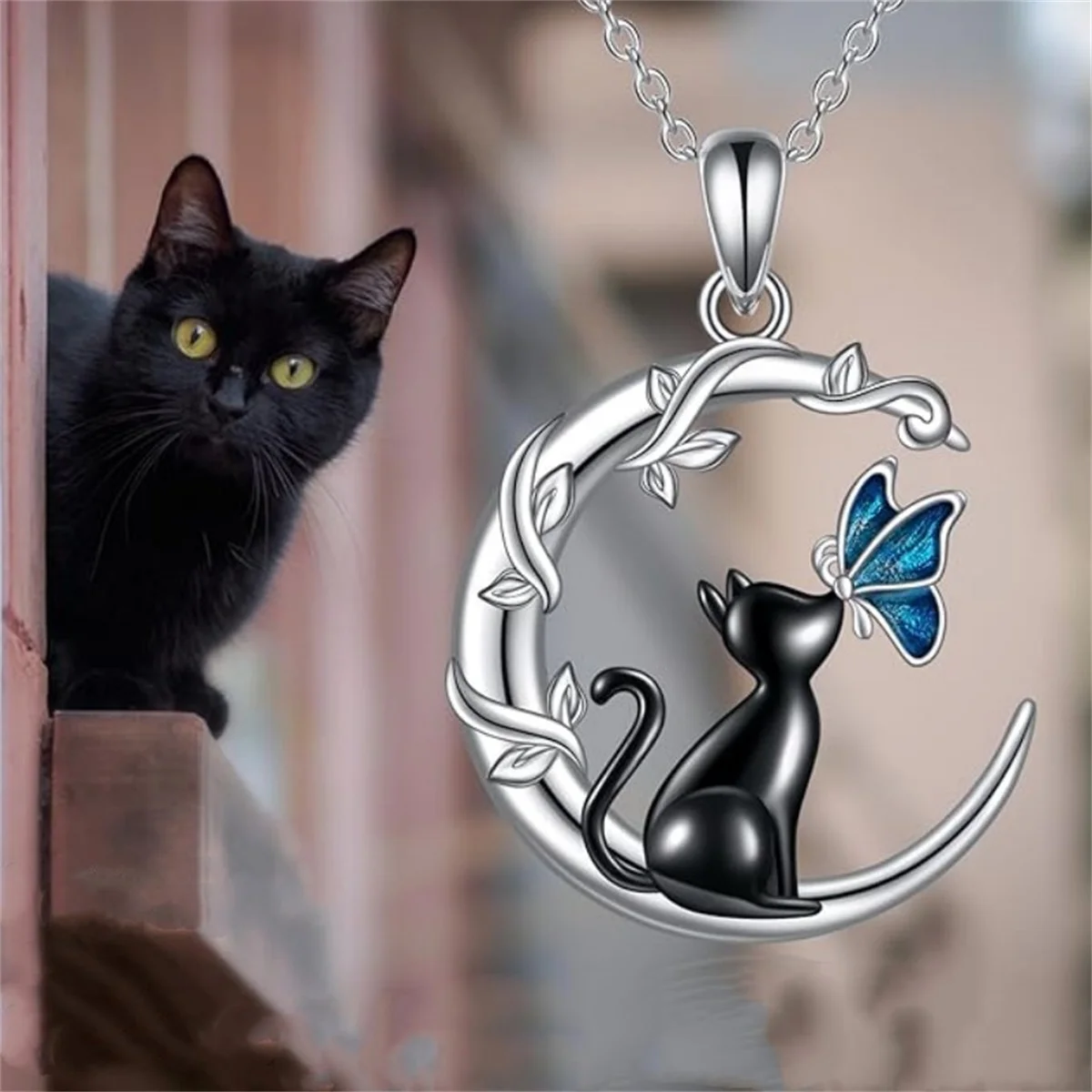 Vintage Cute Black Small Cat Butterfly Moon Pendant Necklace For Women Gothic Trendy Animal Kitten Clavicle Chain Choker Jewelry