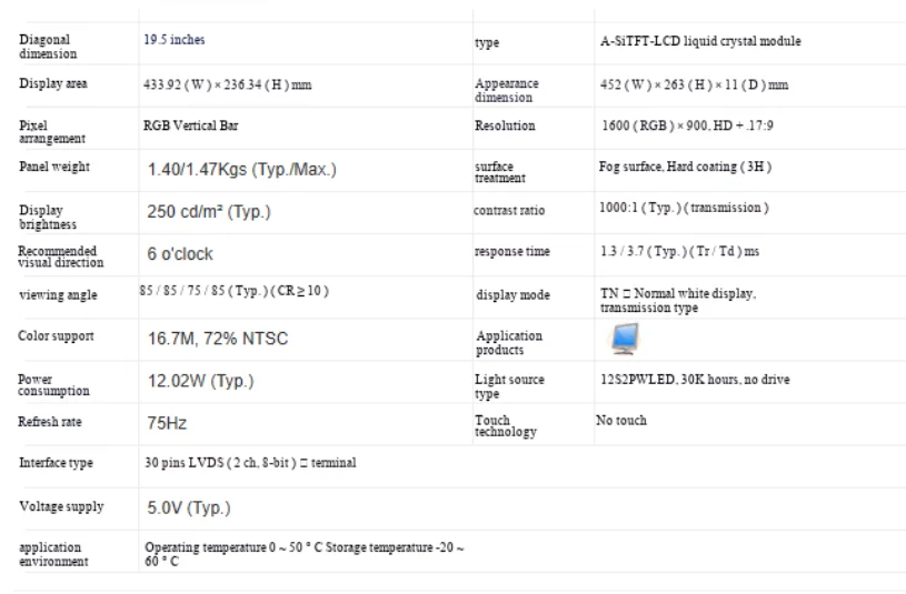 19.5 INCH LCD  screen model LM195WD1-TLA1 IPS  FHD 1600*900 75HZ