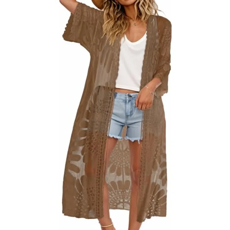 

CHICGAL Womens Swimsuit Coverup Lace Bathing Suit Cover Up Beach Kimonos Long Cardigan Open Front Swimwear