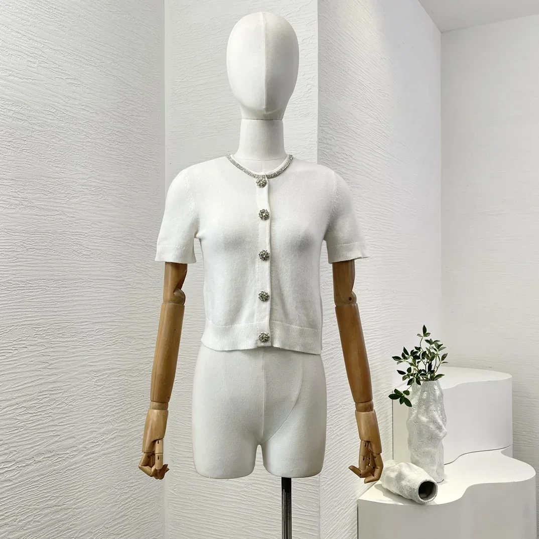 

Classic Basic Office Lady White Short Sleeve Cardigan Tops for Women 2024 Autumn