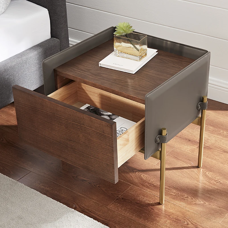 modern nightstand natural wood minimalist wooden leather bedside table with stainless steel leg