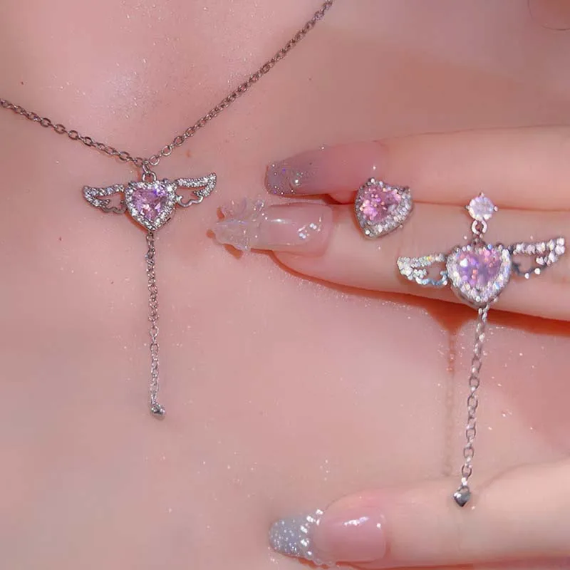 2024 New Pink Crystal Angel Wings Heart Pendant Necklace Set For Woman Minimalist Chain Chain Necklace Wedding Party Jewelry