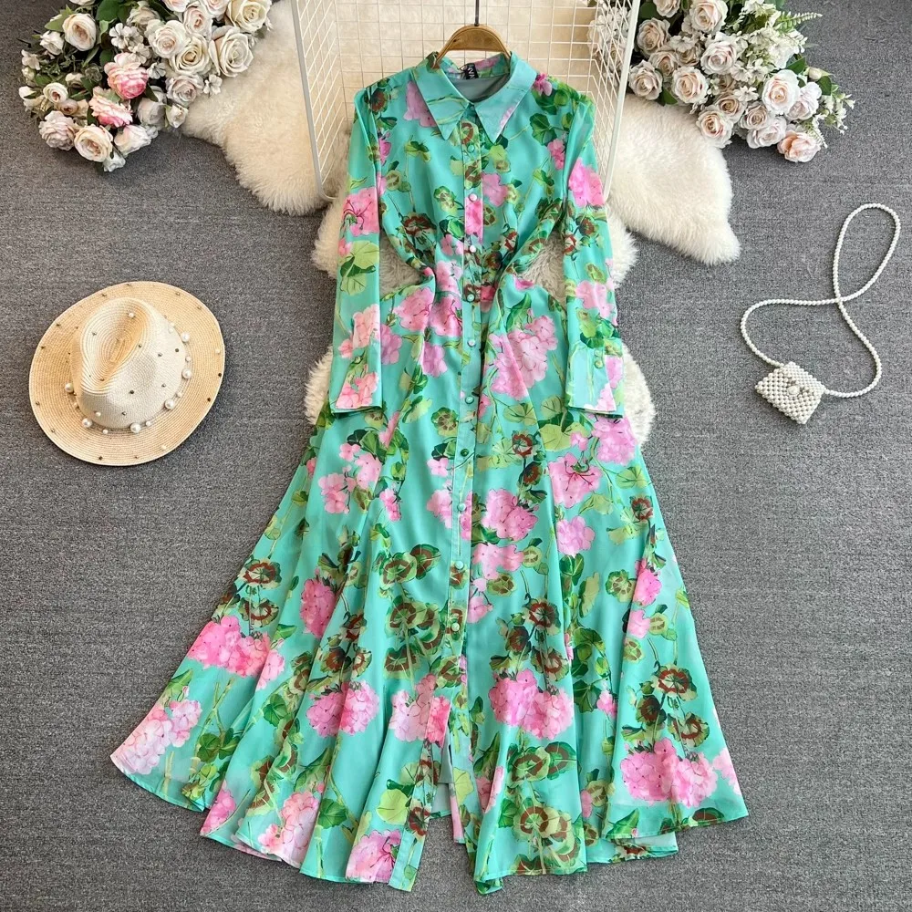 Catwalk Groen Bloemenprint Lange Herfstjurk Elegante Nieuwe Dames Revers Single Breasted Bloem Chiffon Vakantie Maxi Vestidos