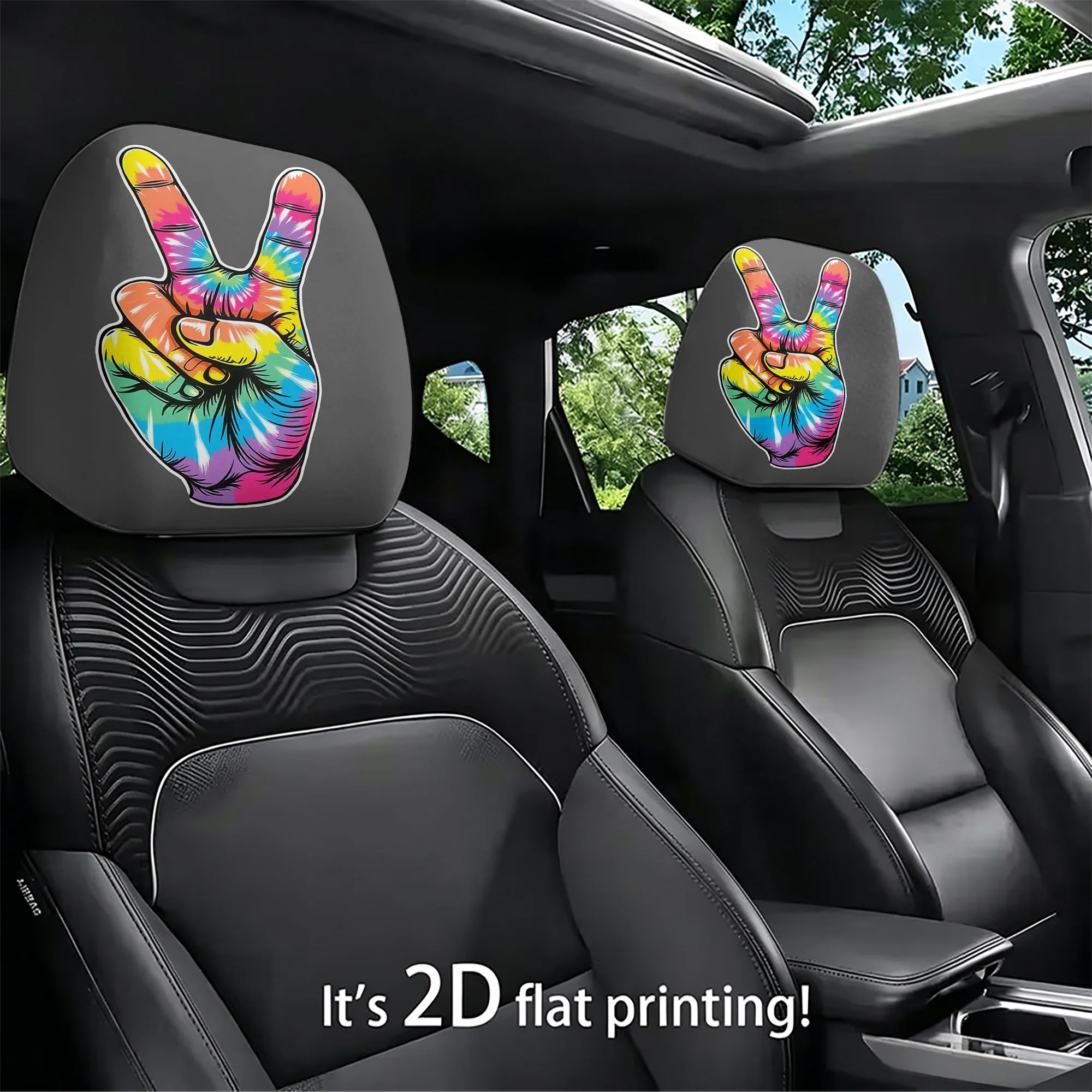 2pcs tie-dye hand gesture car headrest covers to add a splash of vibrant color to your car interior. Filling not included. Easy