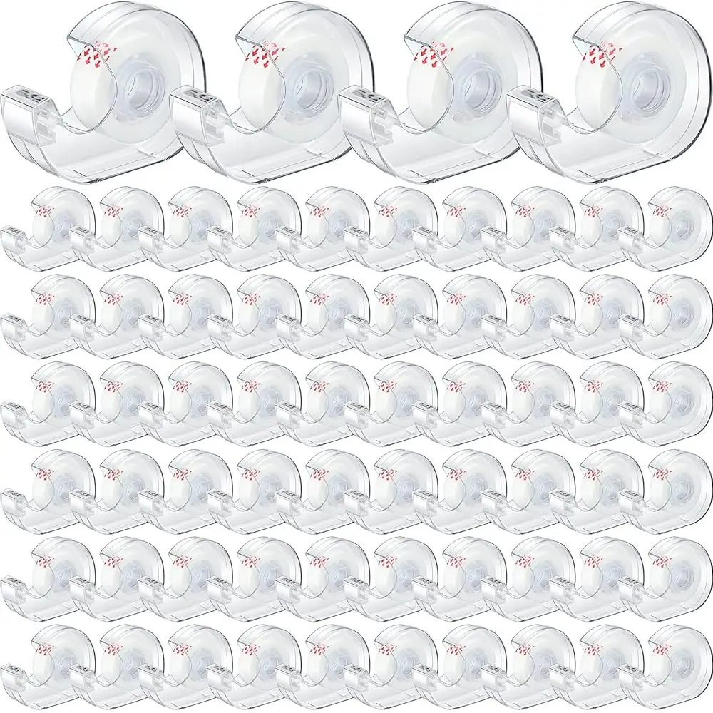 64 Pcs Invisible Tapes Dispensers with 32 Matte Clear Tape Refills, 0.7 x 985 Inches, Refillable Desk Tape Dispenser Bulk fo