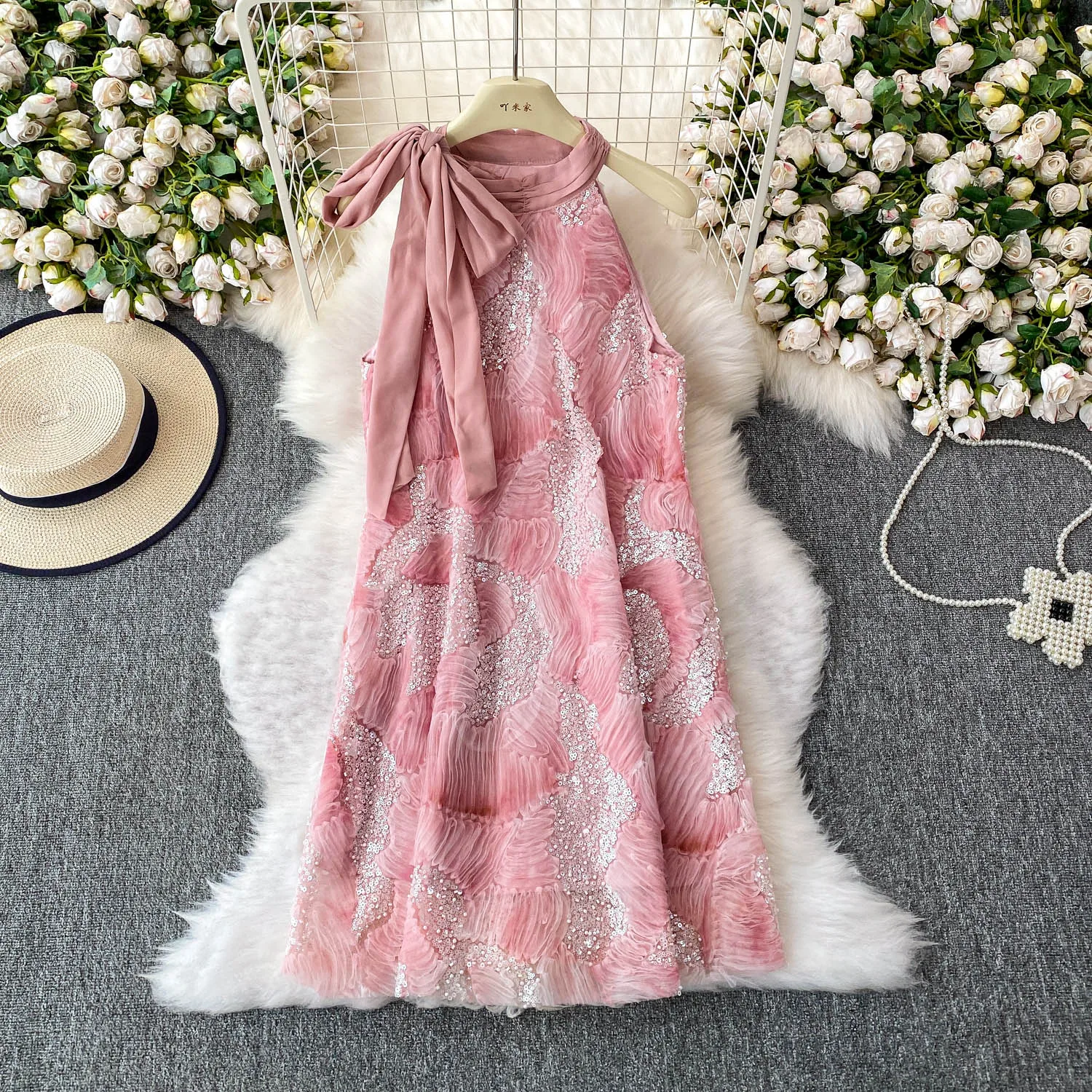 Vestido elegante vintage con cordones y lentejuelas, minivestido elegante de hada coreana, vestido veraniego bohemio para playa, ropa para mujer