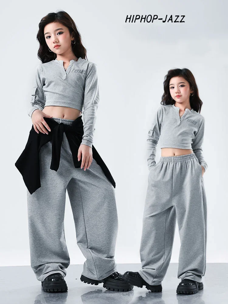 Girls Kpop Hip Hop Clothing Gray Tops Pants Set for Kid Jazz Dance Costume Catwalk Dance Performance Clothes