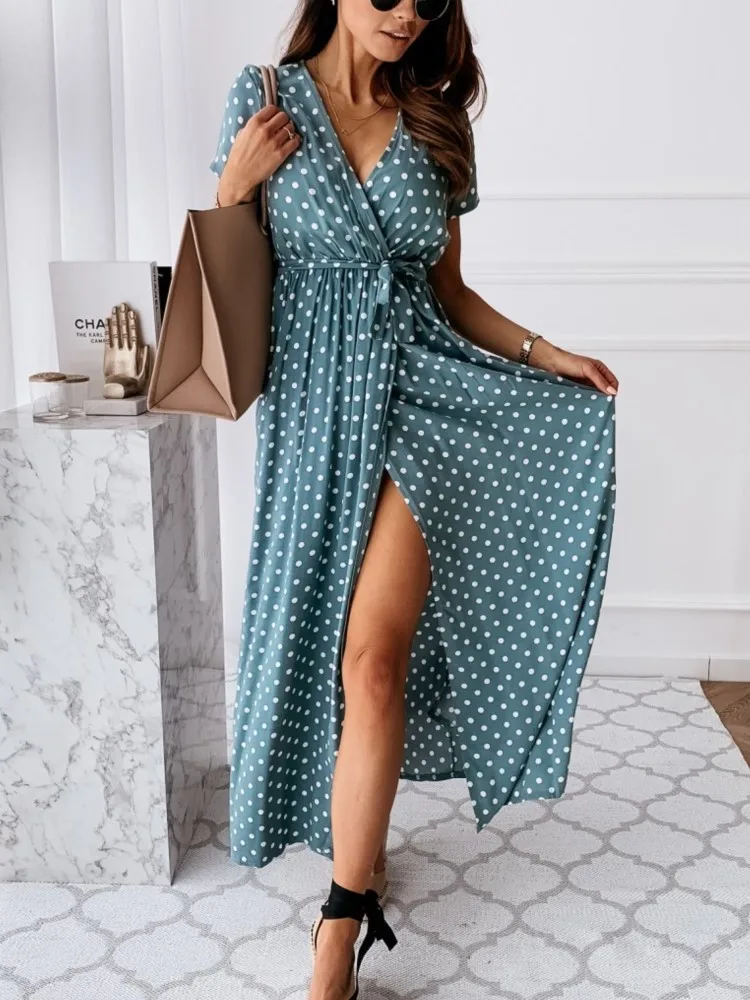 

Summer New Arrival Women's Fashion V-neck Dress Belt Slit 2025 Casual Loose Fitting Dress Solid Color Polka Dot Printed Dress