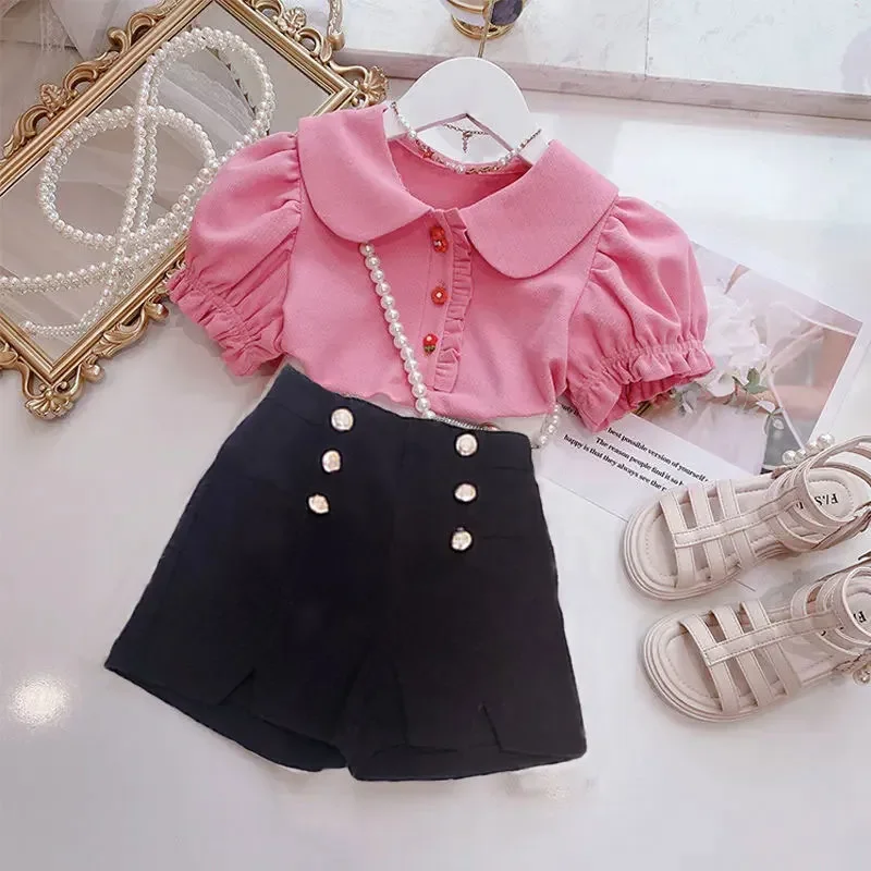 

Solid Button POLO Shirt Two Piece Set Elegant Fashion Harajuku Slim Fit Children Clothes Loose Casual All Match Sports Shorts