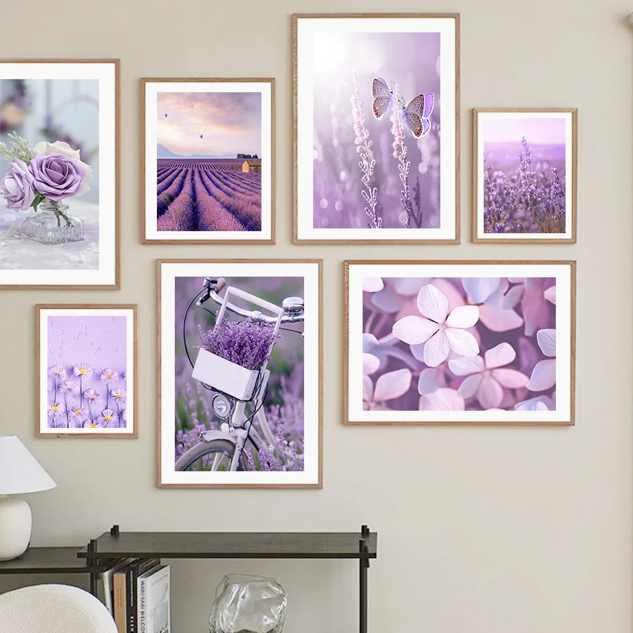 

Ocean Lavender Purple Dream Flower Butterfly Bicycle Wall Art Canvas Painting - Landscape Poster for Interior Home Decor