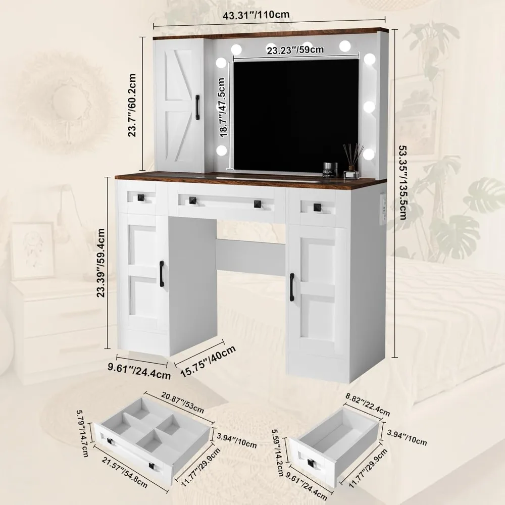 Vanity Desk con piano in vetro con specchio, luci e stazione di ricarica, con 3 cassetti e 3 armadietti per riporre oggetti