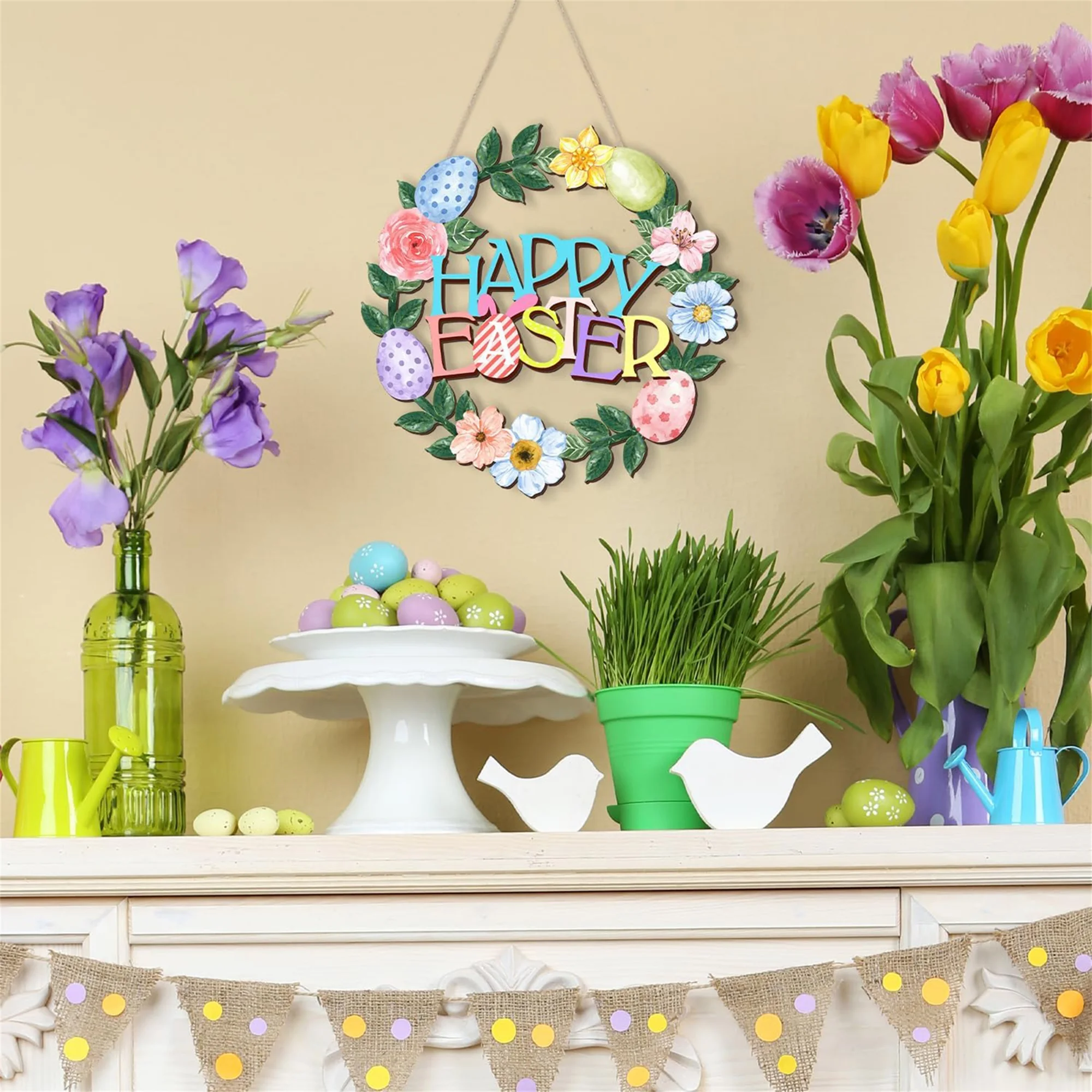 Happy Easter Wooden Door Sign Colorful Eggs Flowers Wall Hanging Plaque for Home Party Seasonal Decoration