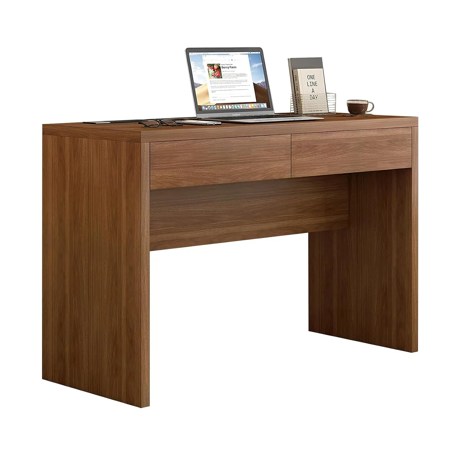 47-Inch Desk With Outlet & 2 Drawers, Computer Gaming Table For Bedroom Living Room Office, Brown, Customized