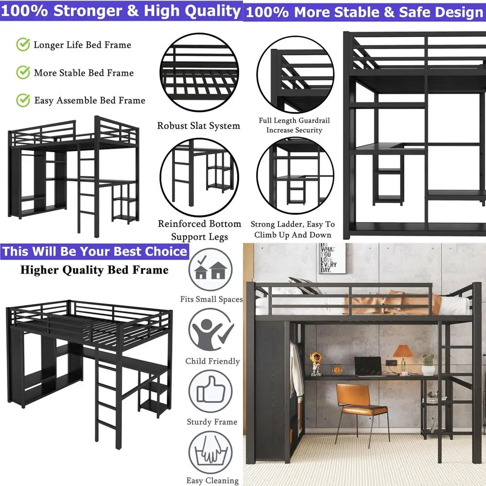 

Прочная металлическая кровать размера Queen с рабочим столом, местом для хранения, защитным барьером и лестницей, экономит пространство, подходит для взрослых, подростков и детей, с гардеробом.