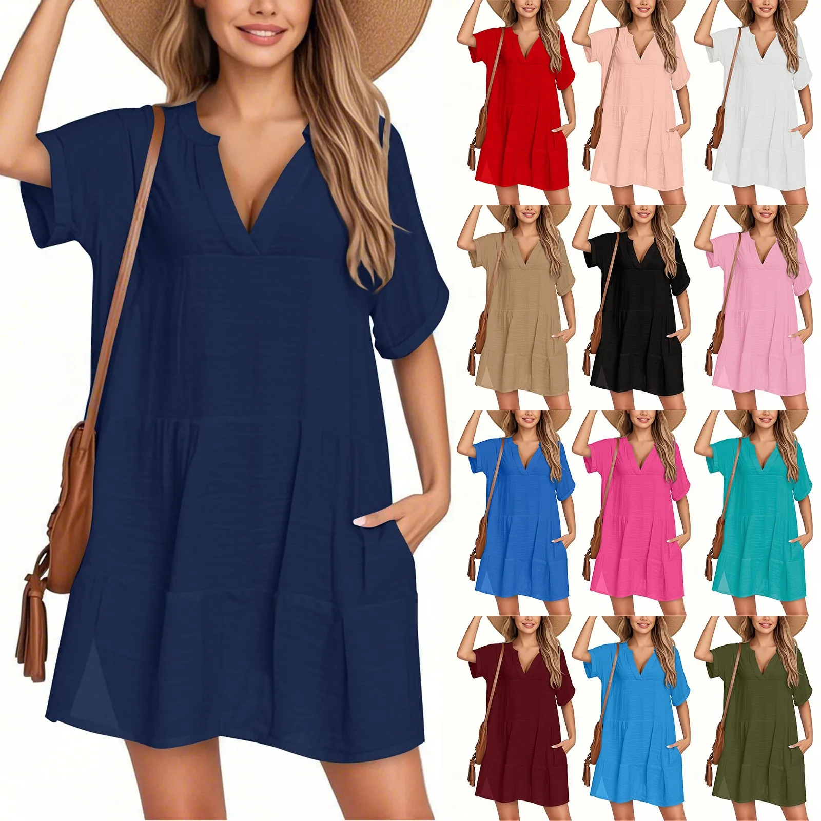 Moda donna Grembiule Casual a maniche corte con scollo a V T-shirt Abito da vacanza Abito da spiaggia Abiti eleganti da donna Abiti Mujer