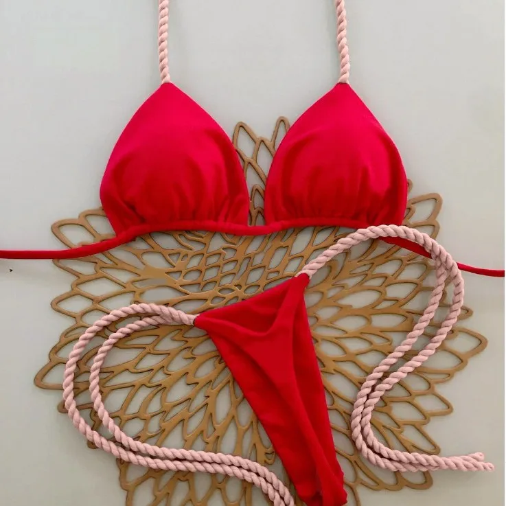 Sexy Push Up Bandeau Bikini Swimwear Women Ring Linked String Swimsuit Printed Thong Bathing Suit Biquini Maillot De Bain Femme