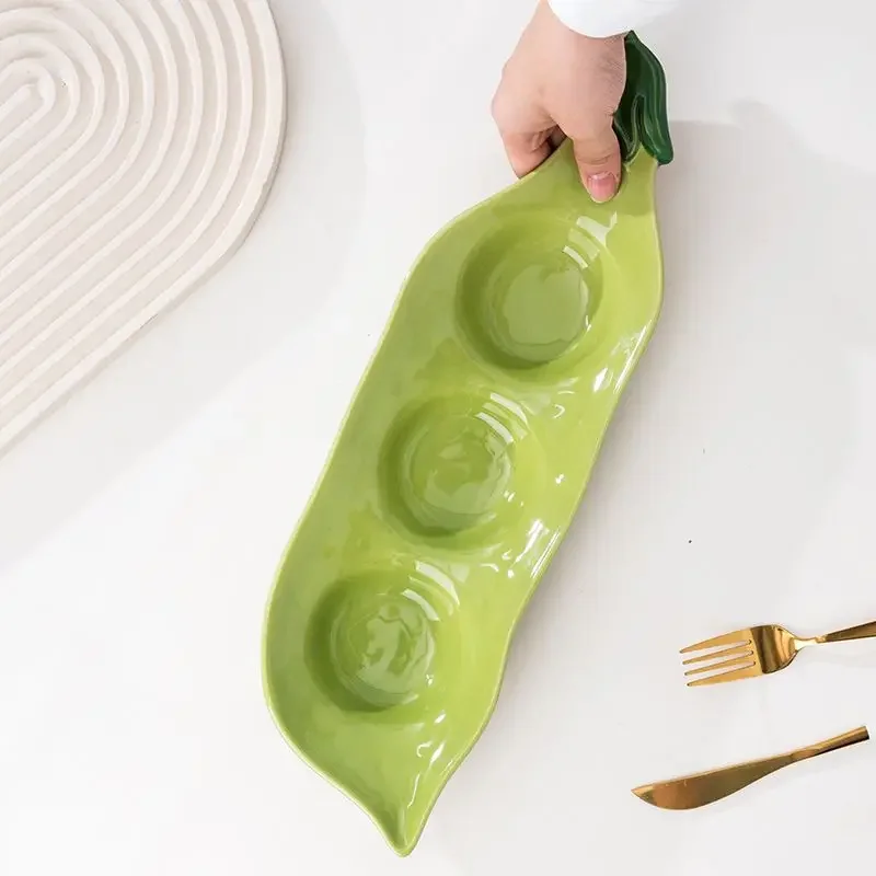 Pea Pod Shaped Ceramic Long Plate Underglaze Color Decoration Nut Side Dish Dim Sum Plate Household Restaurant Dishes Layout