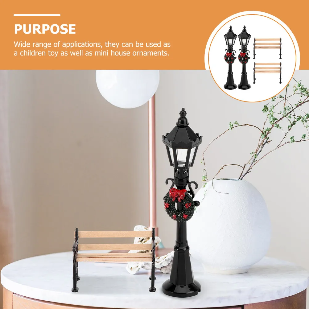 

4Pcs Mini House Accessories Miniature Street Light Retro Mini Bench Set 1:12 Scale Small Furniture for Micro Landscape