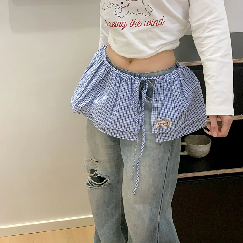 セクシーなヴィンテージチェック柄オーバーレイおならカーテン女性のための日本のかわいいストラップ半身スカートスパイスガールズジーンズカーテンスカート
