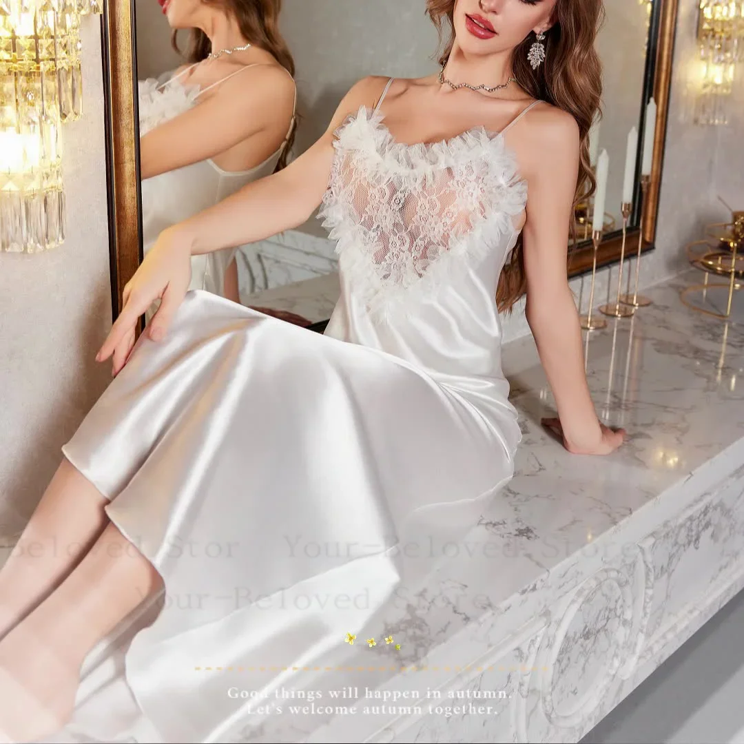 

Роскошная ночная рубашка, длинная одежда для сна, женская кружевная отделка, ночная рубашка на бретельках с сердечками, атласное нижнее белье, длинная ночная рубашка, домашнее платье