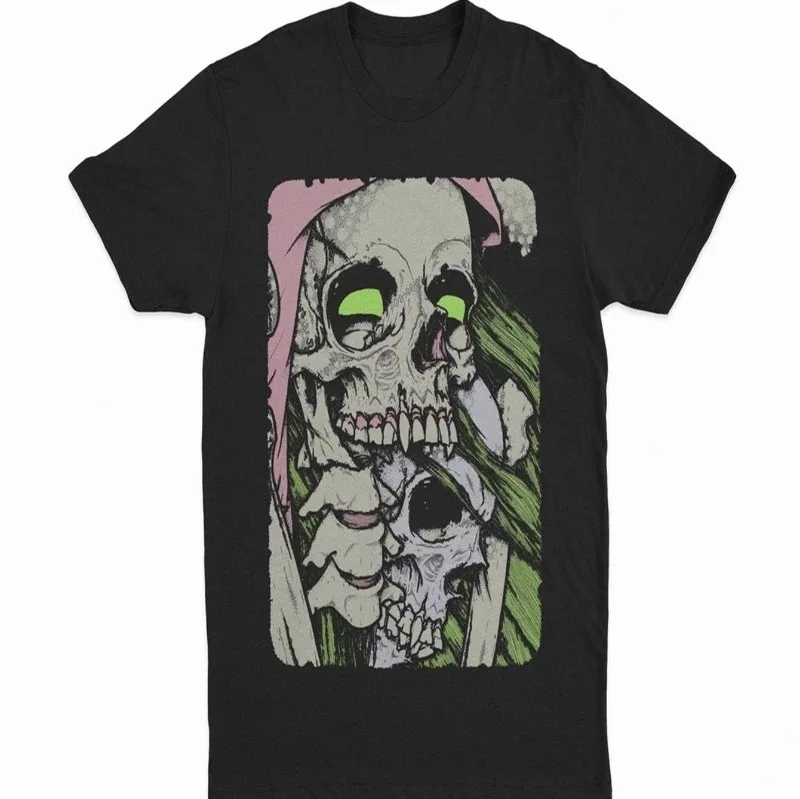 

Summer Bestseller Gothic Street Style T-shirt - Morgue Vanguard X Still - Iqlab Brand - Green and Pink Skull Chest Print