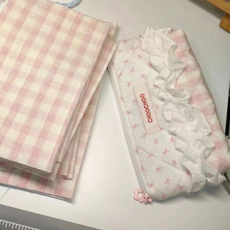 Butterfly Plaid Pencil Bag Pink Girl Heart Large Capacity Cosmetic Bag Desktop Storage Stationery Kawaii Stationery Cute korean
