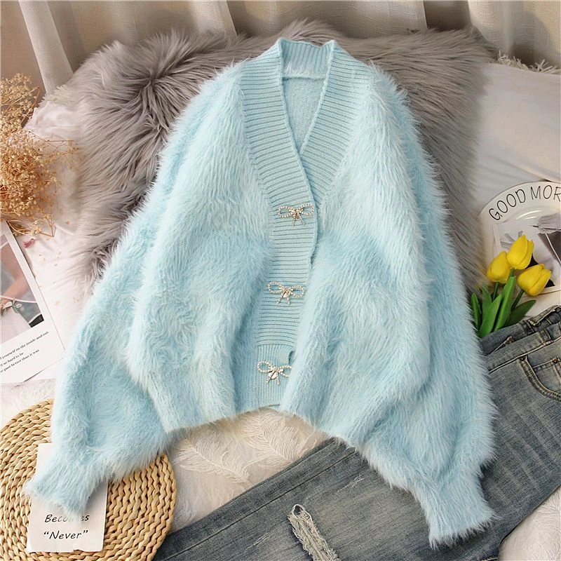 Pink Women Imitation Mink Knitted Cardigan Spring Fall Soft Cropped Tops Korean Bow Loose Sweater V-neck Casual Knitwear Coat