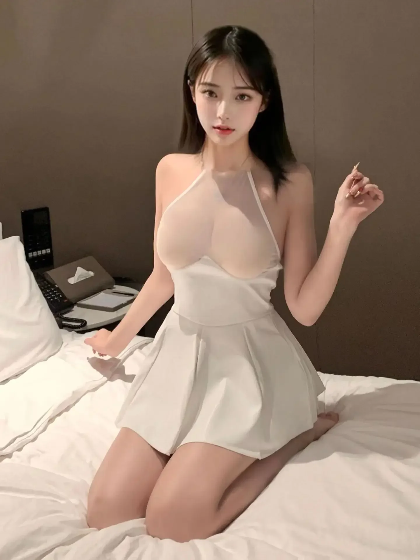 섹시한 투명 광택 패브릭 접합 PU Pleated 미니 가죽 OL 유니폼 매혹적인 드레스 우아한 투명 요정 드레스