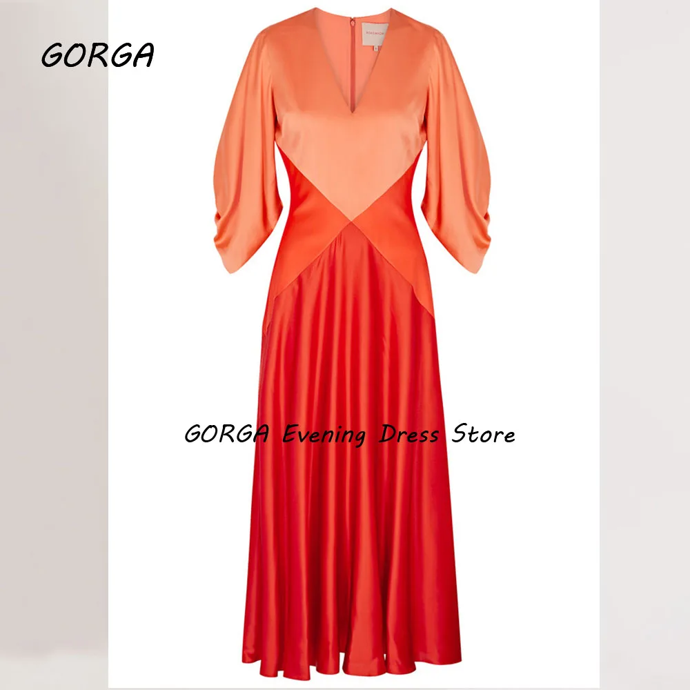 GORGA Orange V Neck A-LINE 2024 Slim Long Contrast Color Satin Ocassion Gown Ankle-Length Evening Dress فستان سهرة نسائي