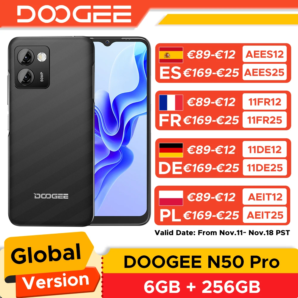 DOOGEE N50 Pro mobile phone free 20GB RAM + 256GB ROM 50MP AI camera, 6,52 inch 1TB expandable Smartphones Android 13 4G