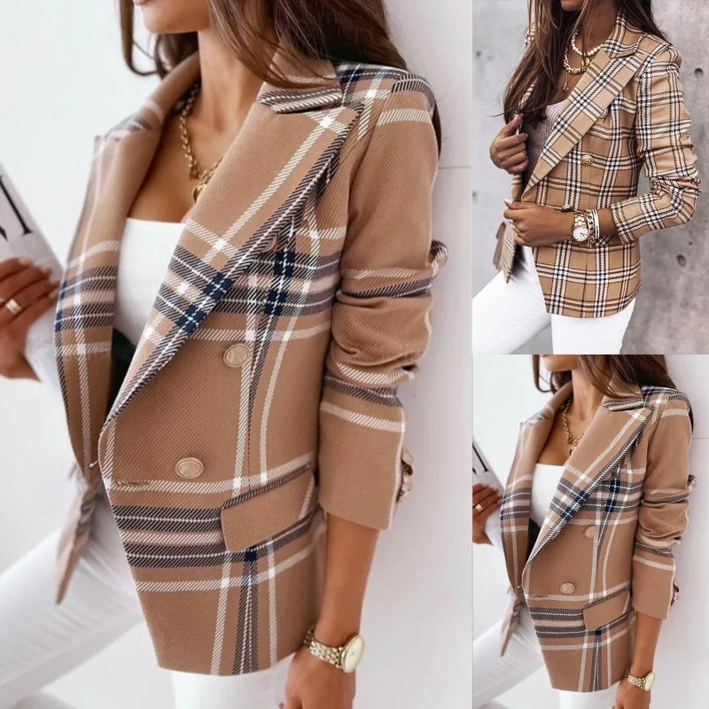 

Women's Autumn/Winter Wool Suit Jacket Double-breasted Lapel Plaid Coat Thickened Warm Long-sleeved Small Jacket