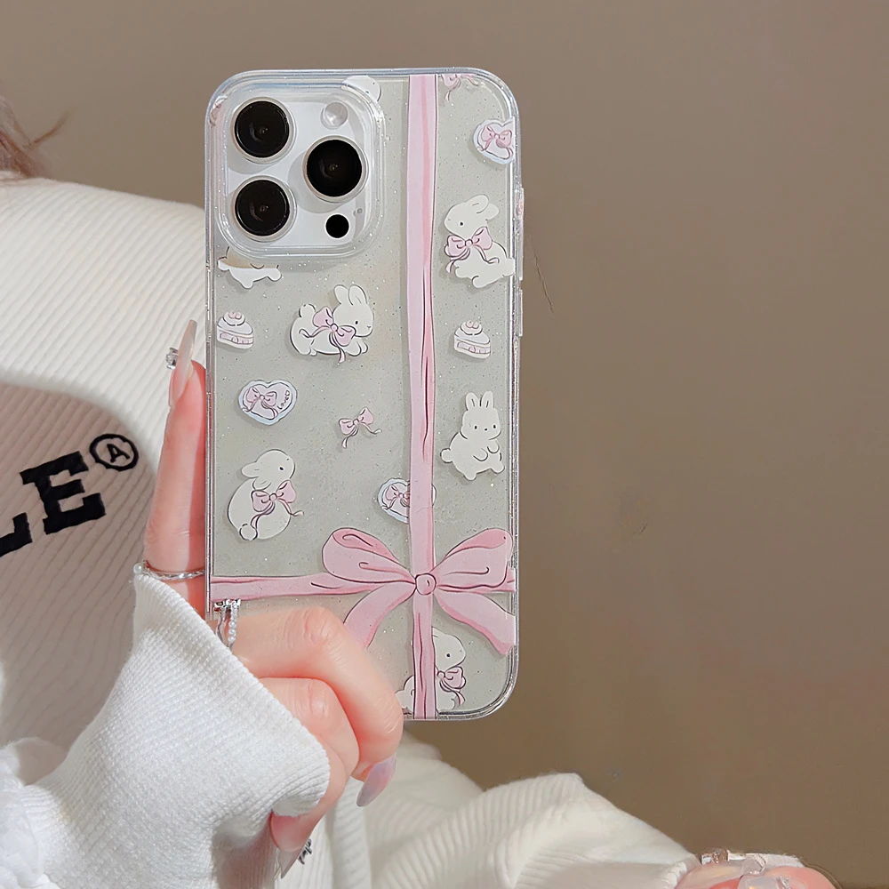 풀 스크린 반짝이 만화 귀여운 나비 매듭 토끼 충격 방지 보호 폰 커버 케이스, 아이폰 16, 15, 14, 13, 12, 11 프로 맥스 플러스