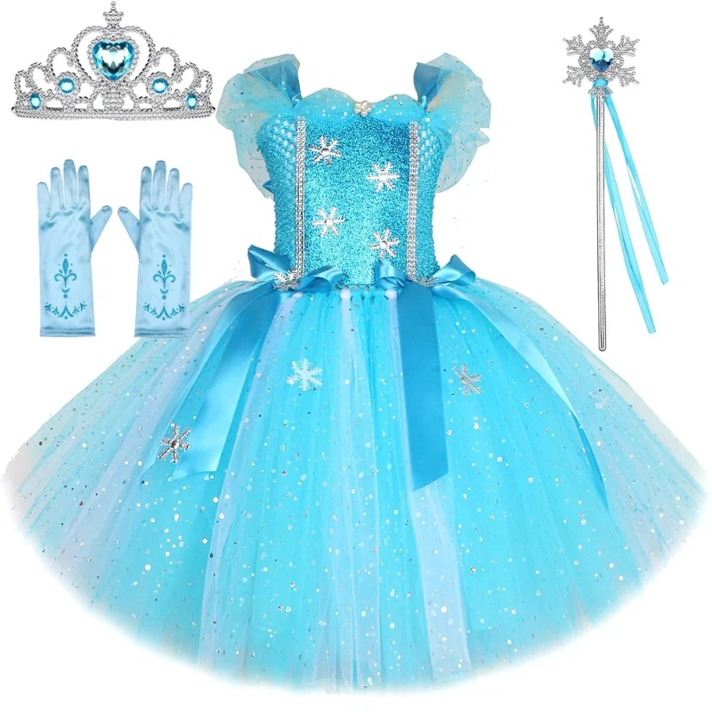 Sparkling Sky‑Blue Queen‑Style Puffy Dress for Girls, Kids' Outfit with Snowflake Patterns, Suitable for Halloween Parties