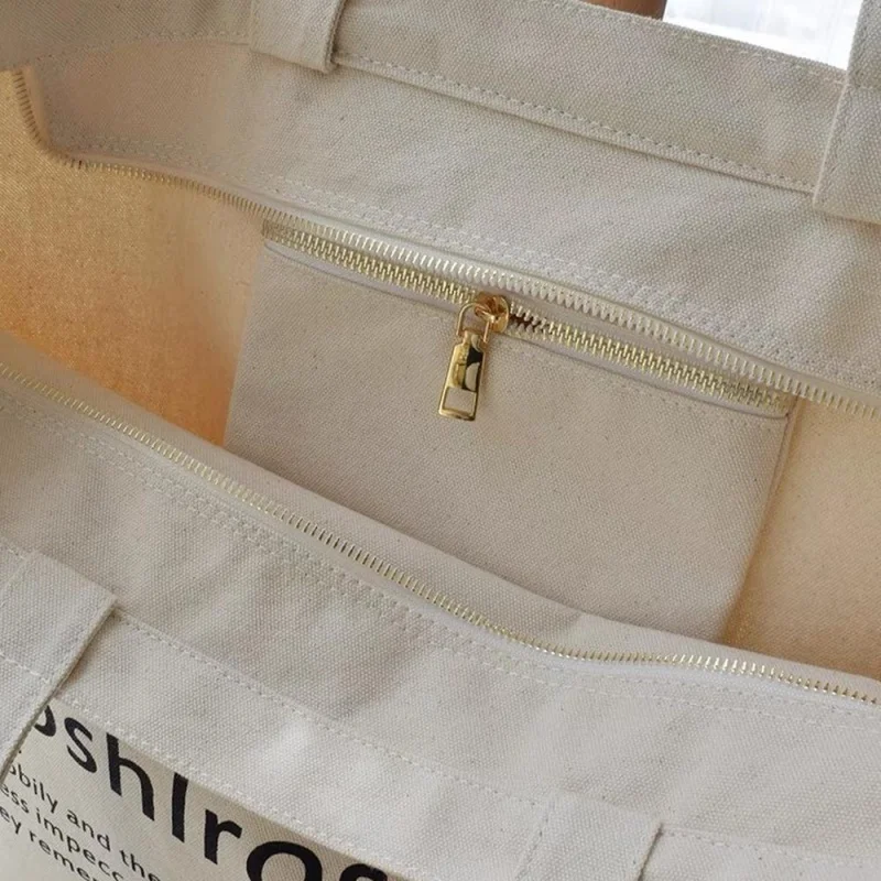 Custom wholesale beige cotton tote bags advertising reusable cotton canvas shopping bag with custom print logo top zipper inner