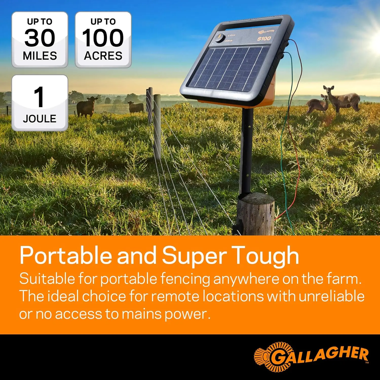 Gallagher-Chargeur de clôture électrique solaire S100, fonctionne jusqu'à 30 Beauté, faible impédance, technologie d'économie de batterie, batterie solaire