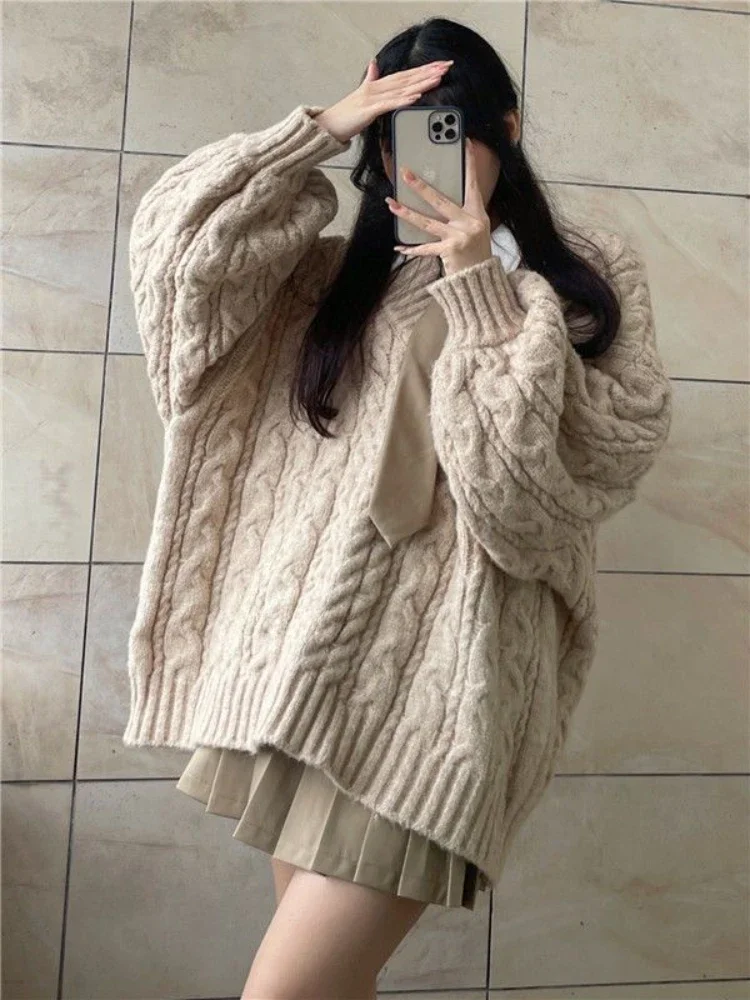 Camisola pullovers feminino na moda aconchegante estilo coreano outono doce manga longa malhas solto streetwear com decote em v retro concurso