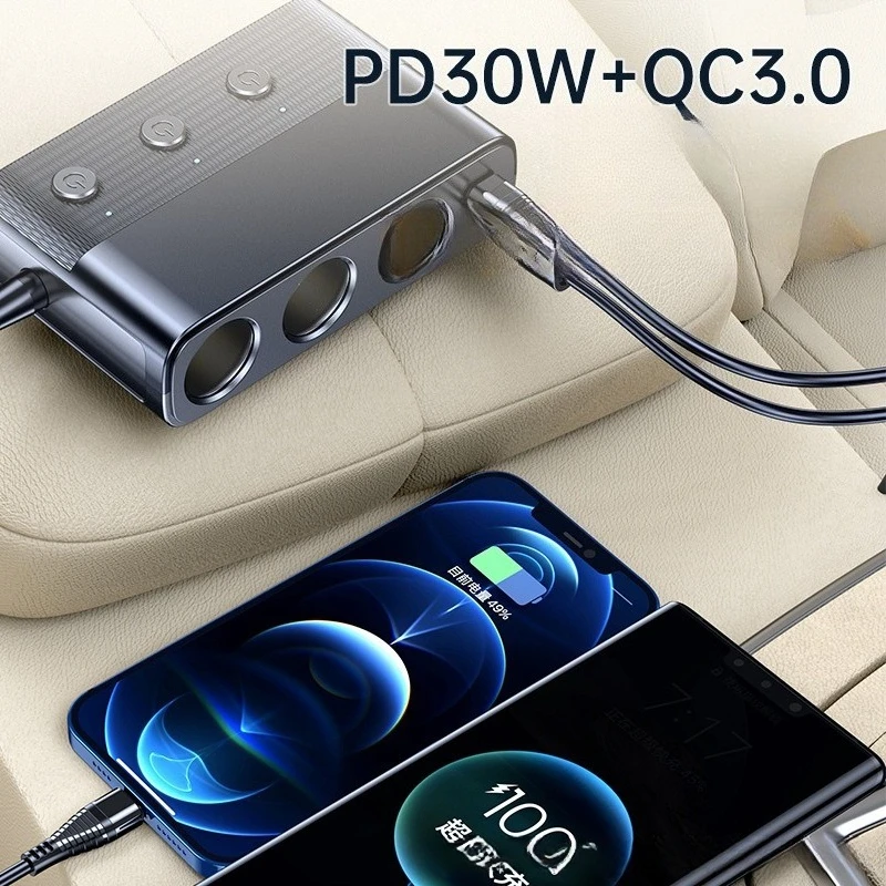 For Car 3-Way Cigarette Lighter Splitter 127W Multi-Function PD 30W QC3.0 Fast Charging Car Charger Adapter Auto Accessories