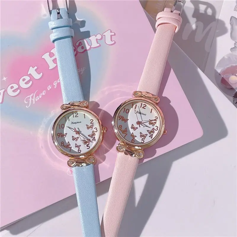 

Japanese Girls' Gradient Color Watch Kawaii Butterfly Cartoon Quartz Waterproof Pointer Girls' Watch Casual Leather Clock Gift