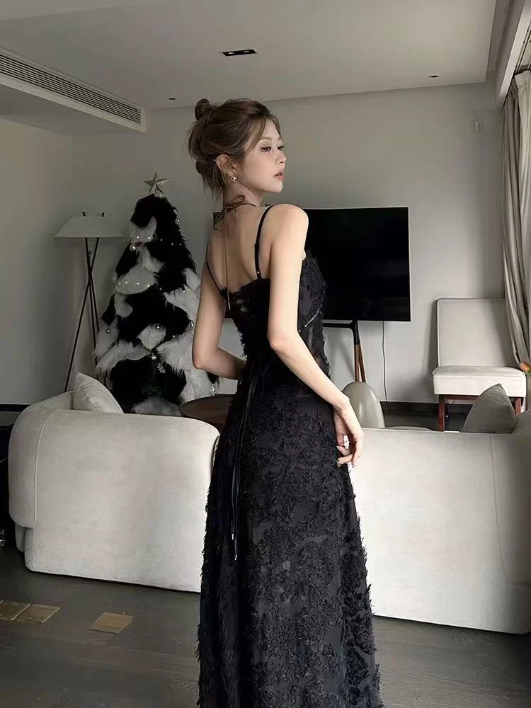 Czarna koronkowa sukienka na ramiączkach Y2K dla kobiet, letnia moda, sukienka codzienna na cienkich ramiączkach, seksowna sukienka bez pleców, prześwitująca długa sukienka Vestidos Mujer