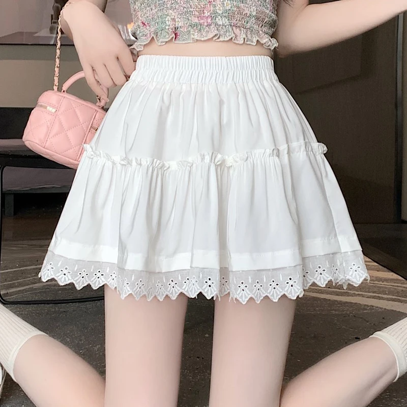 White Lace Pleated Skirt Women Japanese Kawaii Clothing Lace Patchwork Cake Mini Skirts 2024 Summer New Beach Style A-line Saias