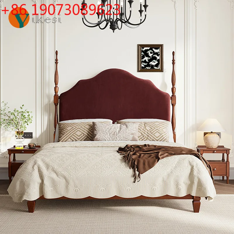 

French retro double bed high-end ash wood master bedroom queen bed new soft bag solid wood bed