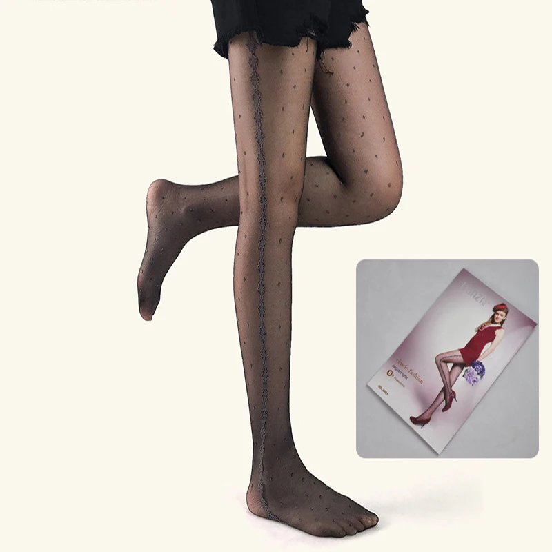 

Personality Side Lace Jacquard Women's Pantyhose Thin Sheer Fashion Polka Dot Lolita Nylon Tights