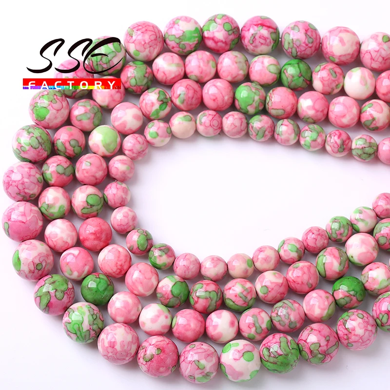 Pink Rose Rain Flower Jasper Beads Natural Stone Round Beads 4 6 8 10 12mm For Jewelry Making DIY Charms Bracelets Necklaces 15