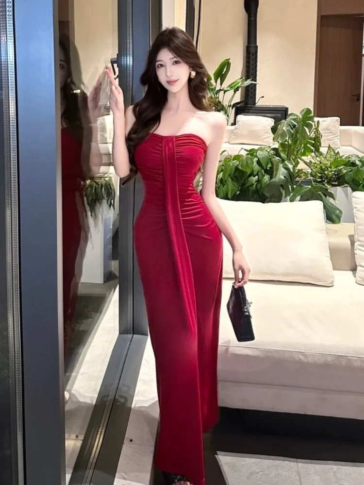 

Pure Desire Sexy Sister Strapless Dress Women Slimming Pleated Sexy Hot Girl Evening Gown Wrap around Long Skirt