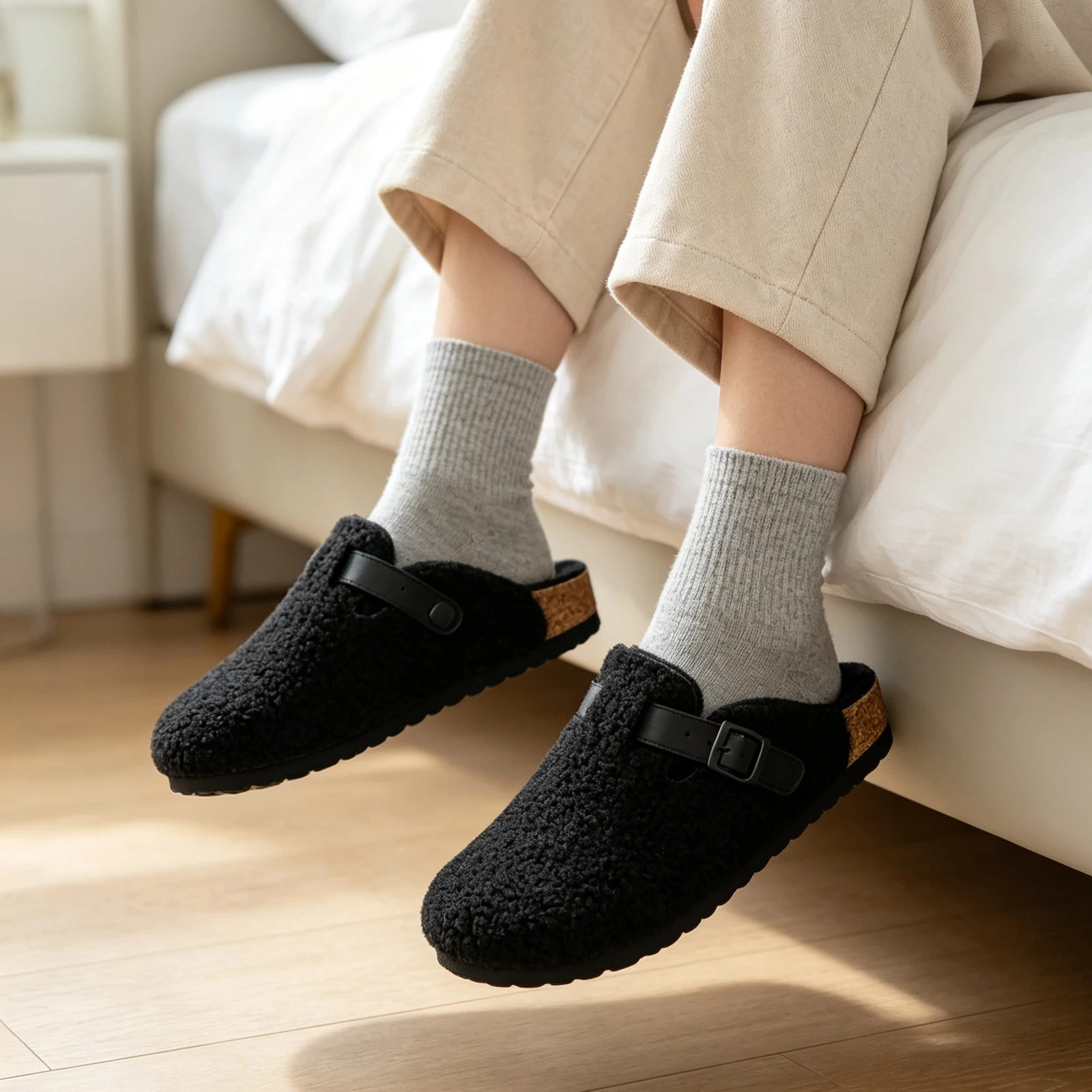 Shevalues Fuzzy Lined Clogs Damen-Slipper mit Korkfußbett, warme, flauschige Hausschuhe, rutschfeste, gemütliche Outdoor-Slides für Damen – Detail 3