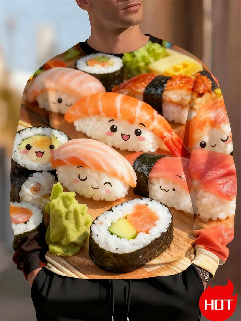 

Красивый свитшот с круглым вырезом и 3D принтом для суши, пуловер с графическим рисунком Нигири-суши для мужчин и женщин, винтажная толстовка с капюшоном, забавная одежда унисекс