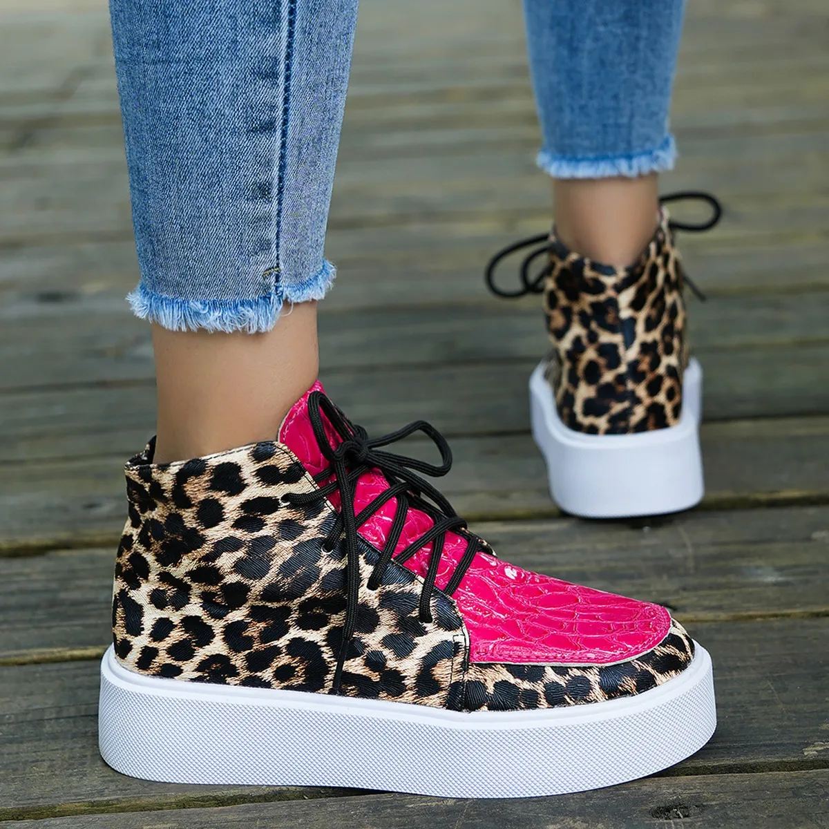 Women\'s Ankle Boots Autumn and Winter New Platform Flat Shoes Casual Color Blocking Leopard Print Heightening Sneakers