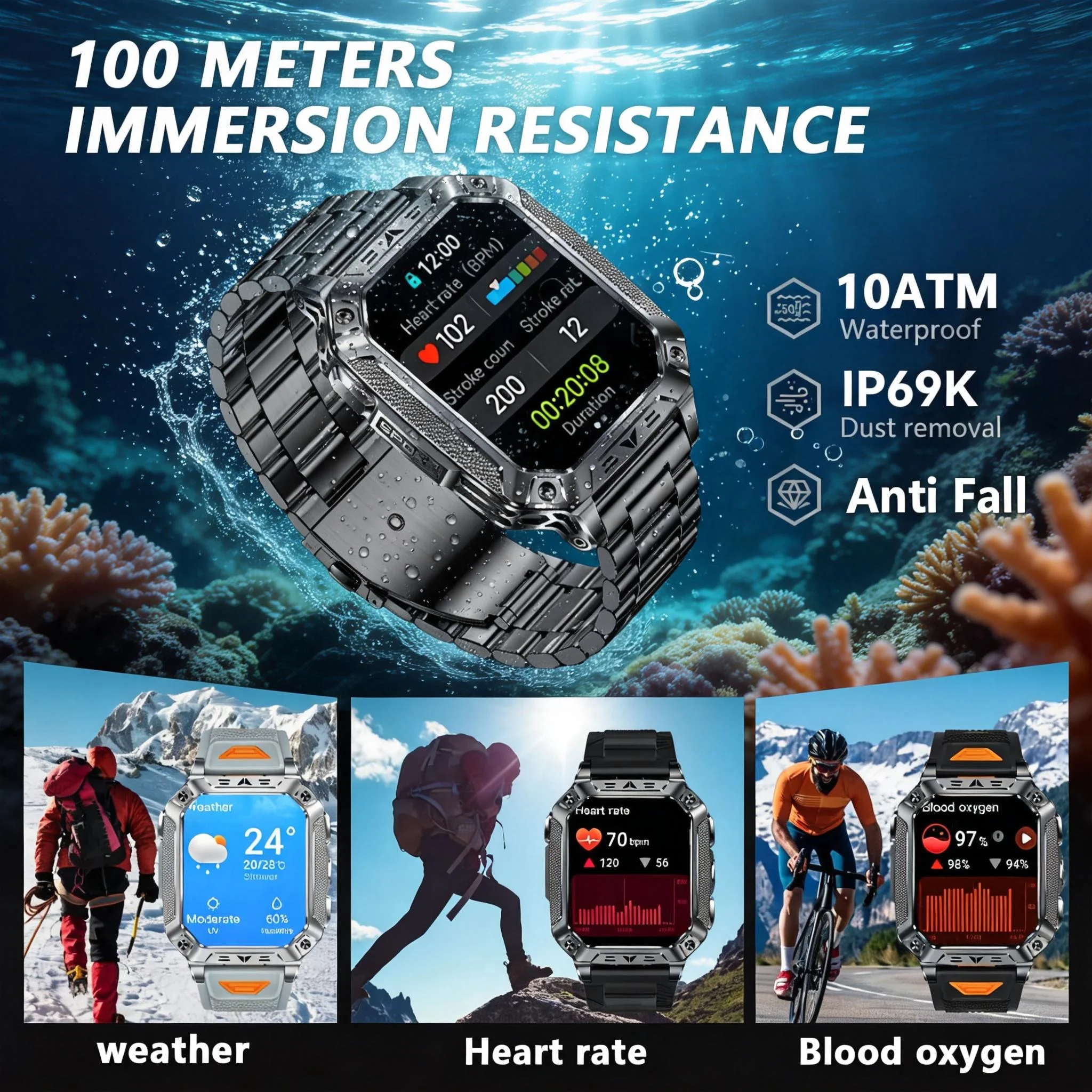 2026 군용 야외 스마트워치 피트니스 시계 남성용 2.01인치 AMOLED 화면 1400mAh 배터리 플래시라이트 통화 방수 스마트 밴드