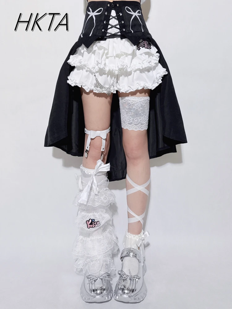 

Sweet Cool Strap Lace Black Waist Seal Trailing Vest Women Lace Stitching Hot Girl Personality Cake White Skirt 2 Piece Set