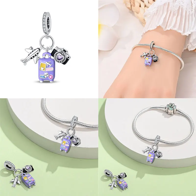 Hot Sale Luggage Airplane Passport Three-piece Set 925 Silver Charms Fit 925 Original Bracelet Jewelry Making For Women Gift